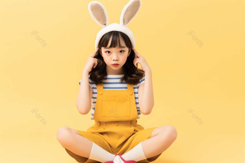 黄色简单的背景小朋友坐在地上玩戴着兔子耳朵摄影图,高清,摄影图,摄影图片,图片大全,摄影图免费下载